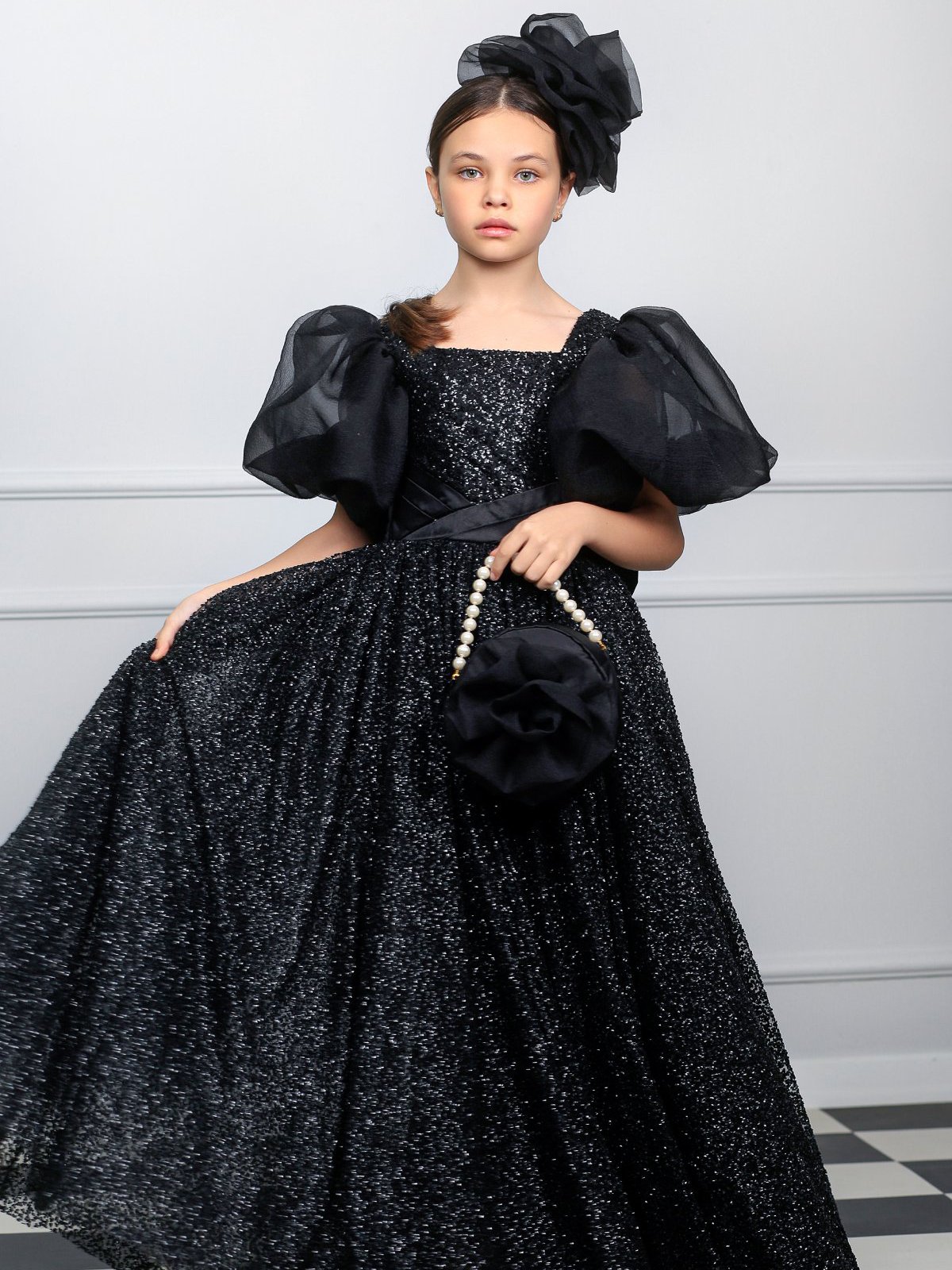 Özel Şık Tasarım Uzun Siyah Elbise Çanta ve Saç Aksesuar Dahil